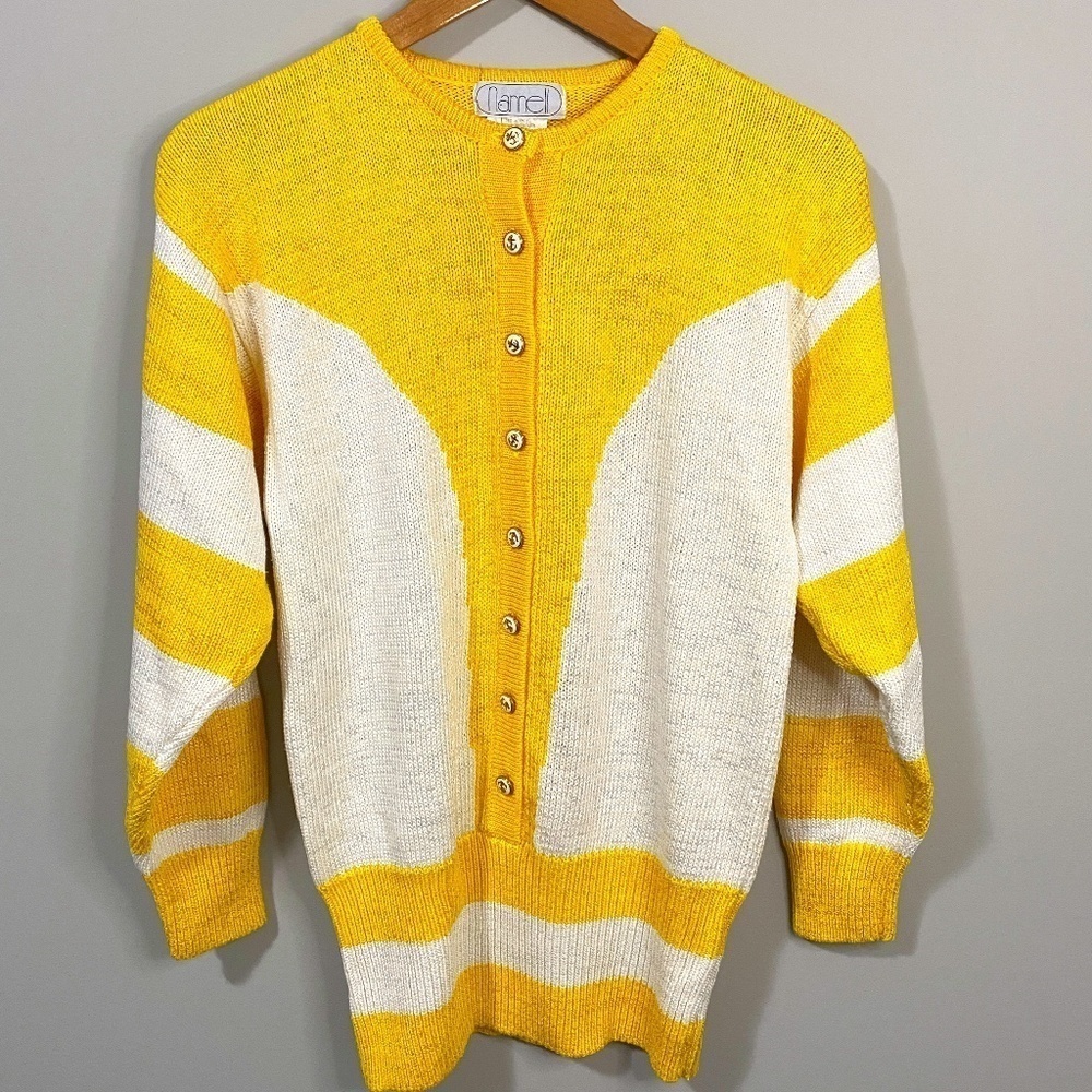 Nannell‎ Vintage Cardigan Sweater Yellow White Stripe Nautical Anchor Buttons M